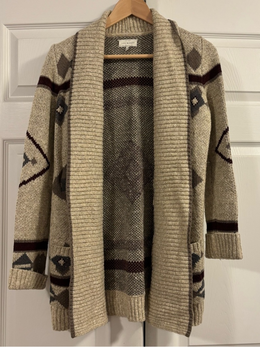 Lucky Brand Beige Western Aztec Open-Front Cardigan with Brown & Gray Accents